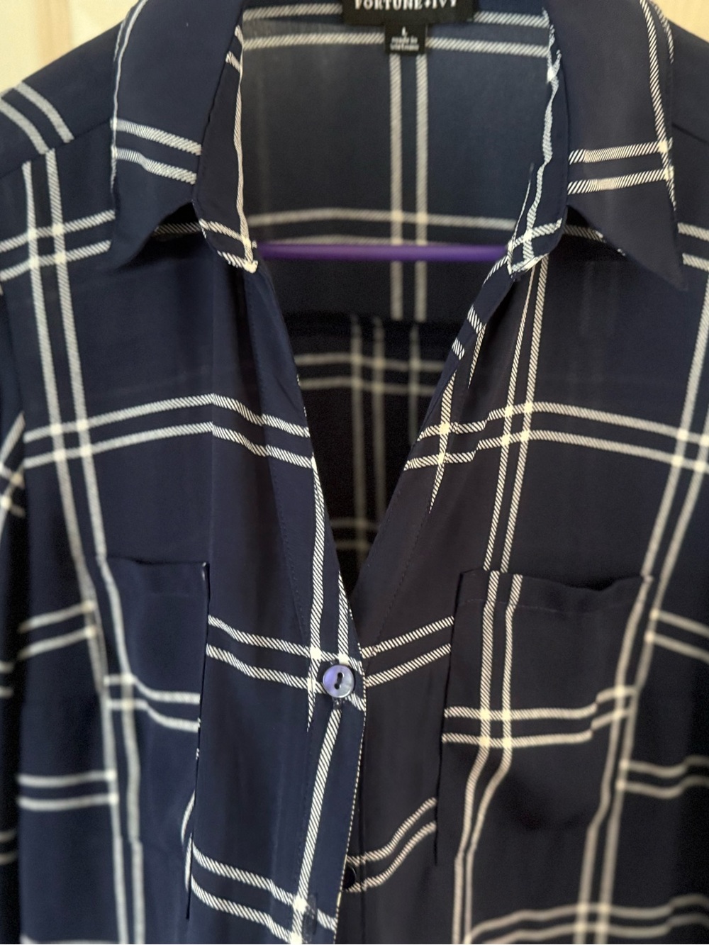Fortune + Ivy Navy Windowpane Plaid Button Front Blouse Top Size Large - Picture 9 of 12